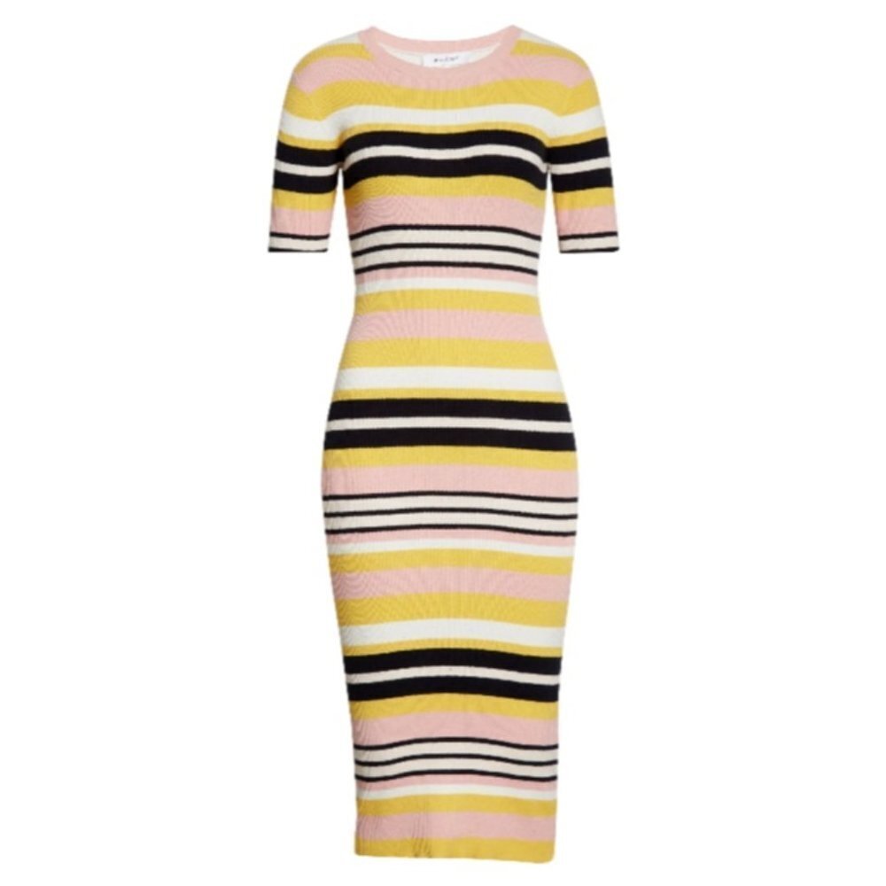 NWT Frame Baja Stripe Rib-Knit Midi in Citrine Cotton Cashmere Sweater Dress XS